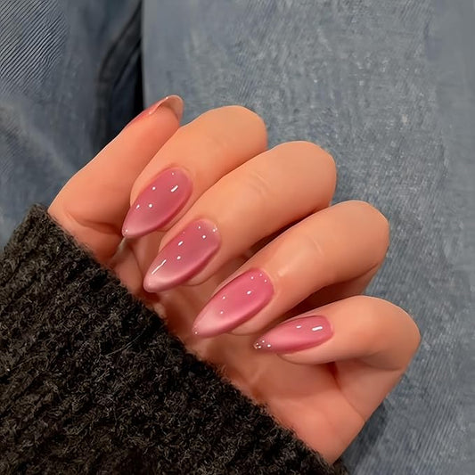 KQueenest Cat Eye Dark Pink Press on Nails Almond Shape, Glitter Fake Nails Medium, Thick Sparkly Glass Nails Press on, Shiny Acrylic Nails, Cute Bling Stick on Nails for Women, 30 Pcs