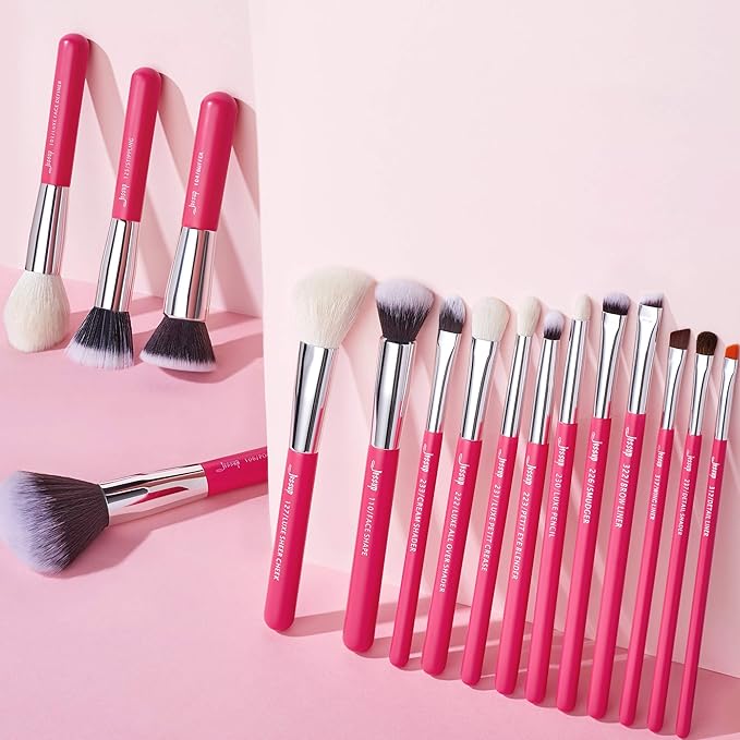 Jessup Brand 25pcs Professional Makeup Brush Set Beauty Cosmetic Foundation Powder Blusher Eye Shadow Blending Concealer Highlight Natural-Synthetic Hair Brushes Set (Rose Carmine/Silver)-VivaGrace Women