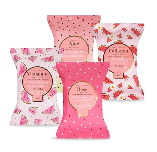 Beauty Concepts Facial Wipe Set - Packs of Face Wipes, Makeup Removing Wipes, Aloe, Vitamin C, Collagen, and Rose