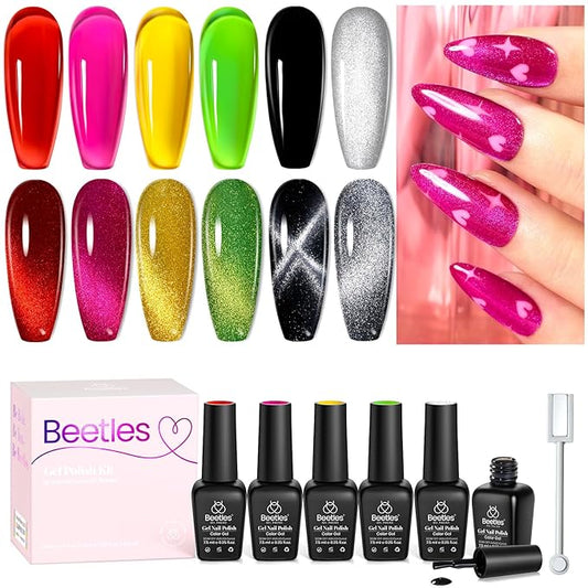Beetles Gel Nail Polish Set, 6 Colors Silver Cat Eye Gel Polish Sheer Jelly Red Pink Yellow Green Black Neon Gel Translucent Glitter Effect with Magnet Soak Off UV Manicure Gifts for Women-VivaGrace Women