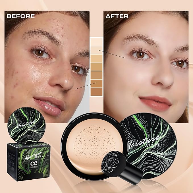 Mushroom Head Air Cushion CC Cream - BB Cream Foundation Makeup Moisturizing Concealer Long-Lasting, Cushion Foundation Full Coverage Self Adjusting for Mature Skin & All Skin Types (Natural)-VivaGrace Women