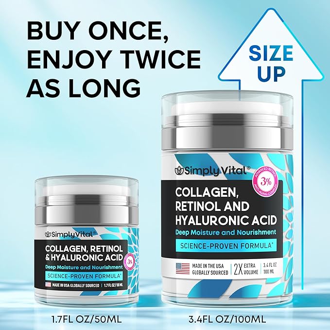 SimplyVital Collagen, Retinol & Hyaluronic Acid Cream - Anti-Aging Retinol Cream for Face, Neck & Décolleté - Made in USA - Daily Moisturizer Face Cream - 3.38 fl oz-VivaGrace Women