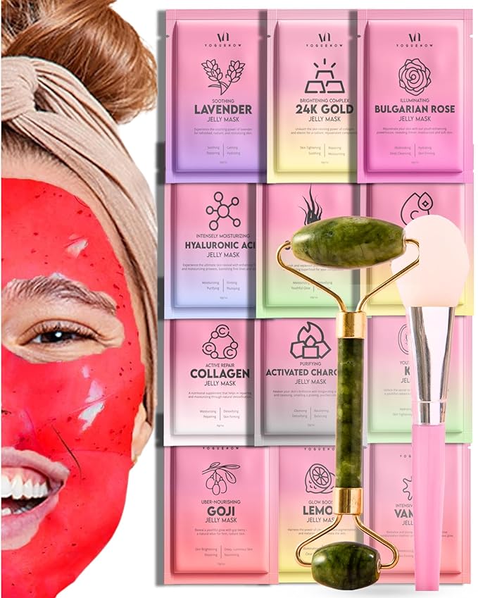 Jelly Mask for Facials - 12 Flavors Hydrating & Brightening Jelly Face Masks | Free Jade Roller & Spatula | Bulgarian Rose, Lavender, Hyaluronic Acid, 24K Gold face mask skin care |Vajacial Jelly Mask-VivaGrace Women