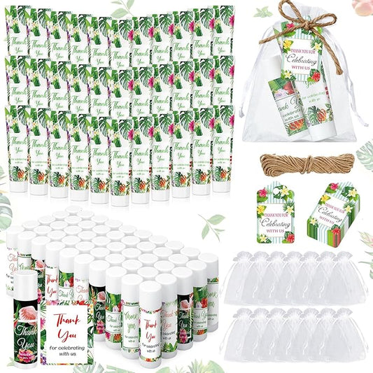 200 Pcs Baby Shower Wedding Party Favors Gift Set, 50 Pcs Baby Shower Hand Cream and 50 Lip Balm for Wedding Bridesmaid Guests Gift Supplies with 50 Organza Bag 50 Thank You Tag(Tropical)-VivaGrace Women