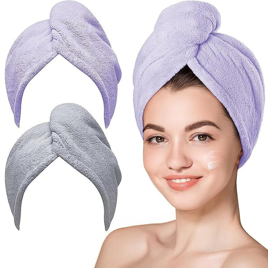Hicober Microfiber Hair Towel, 2Packs Hair Turbans for Wet Hair, Drying Hair Wrap Towels for Curly Hair Women Anti Frizz (Purple,Grey)-VivaGrace Women