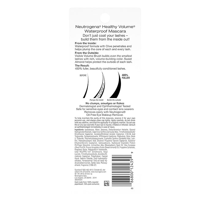 Neutrogena Healthy Volume Lash-Plumping Waterproof Mascara Volumizing And Conditioning Mascara With Olive Oil To Build Fuller Lashes Clump Smudge & Flake-Free Carbon Black 06 0.21 oz