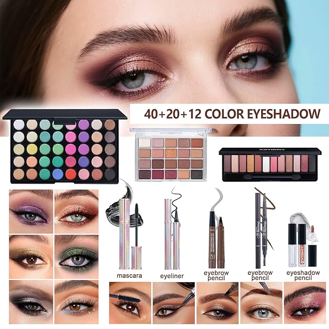 All in One Makeup Kit Makeup Kit for Women Full Kit Multipurpose Makeup ，eyeshadow、 liquid foundation,Loose powder,Eyebrow pencil,4-color lip gloss set-VivaGrace Women