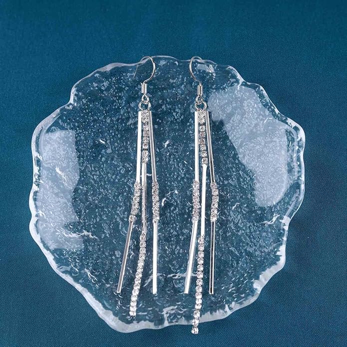 Vintage Crystal Tassel Earrings Rhinestone Bar Drop Earrings Long Rhinestone Chain Earrings Gold Cz Bar Hook Earrings Sparkle Tennis Chain Earrings Jewelry for Women-VivaGrace Women