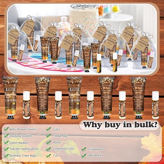 50 Sets 200 Pcs Baby Shower Hand Lotion and Lip Balm Gift Theme Baby Shower Party Favors Travel Size Hand Lotion and Lip Balm Bulk with Organza Bags Tags(Rustic Pumpkin)-VivaGrace Women