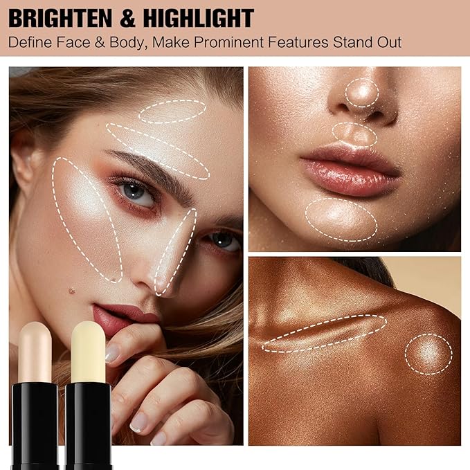 Contour Stick, 2Pcs Dual-Ended Highlighter Makeup Pen & Contouring Stick for Face Shaping, Long Lasting Waterproof Cream Bronzer & Highlight Sticks Make Up Kit for All Skin Tones (01# + 04#)-VivaGrace Women