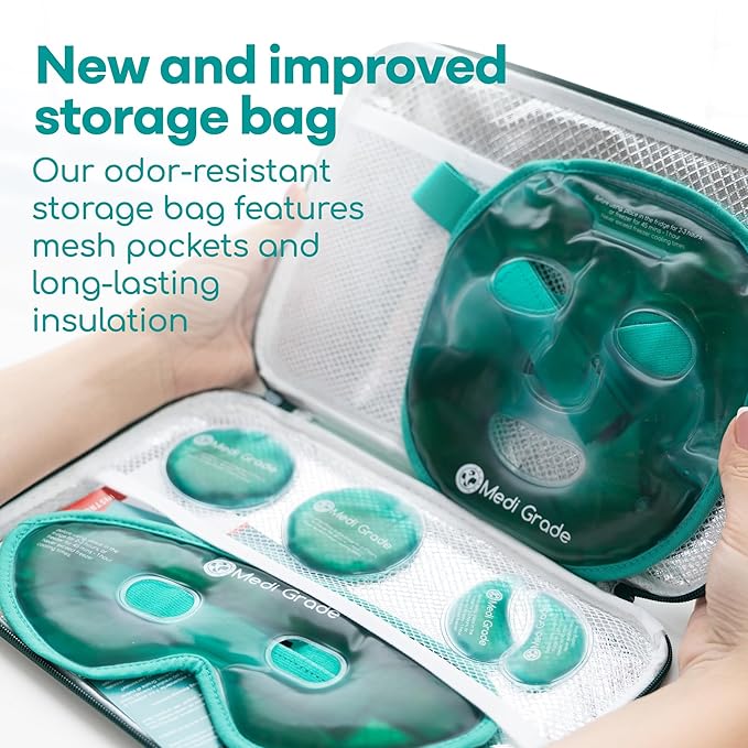 Medi Grade Cooling Ice Face Mask and Cooling Eye Mask for Puffy Eyes & Migraine Relief - Self Care Face Ice Pack with ChillGel Face Ice Mask Technology - Cooling Face Mask, Eye Pads and Bag-VivaGrace Women