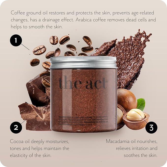 THE ACT Coffee Body Scrub with Salt & Cocoa – Exfoliating Scrub for Cellulite, Stretch Marks, Ingrown Hair – Organic Moisturizing Body Scrub with Vitamin E & Menthol – Gift for Women & Men, 10.58 Oz-VivaGrace Women