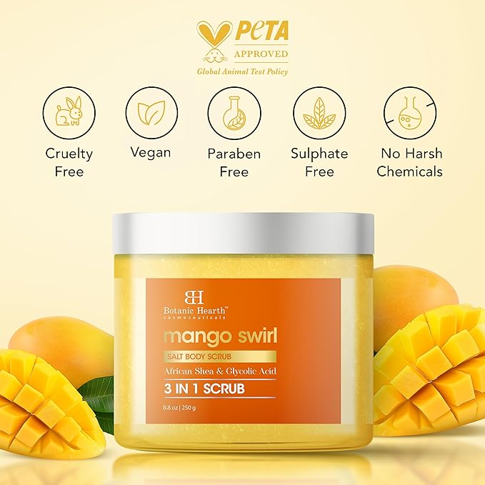 Botanic Hearth Mango Swirl Body Scrub - 8.8 fl oz - Exfoliating & Moisturizing Scrub for Smooth, Radiant Skin - Infused with African Shea & Glycolic Acid | 3 in 1 Scrub-VivaGrace Women