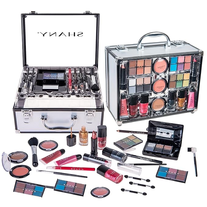 SHANY Carry All Trunk Makeup Train Case with Re-usable Aluminum Makeup Storage Case. Non Toxic Color Make up Set with Eye palettes, Blushes,Makeup Powders, Manicure, Pedicure and Makeup Brushes.-VivaGrace Women