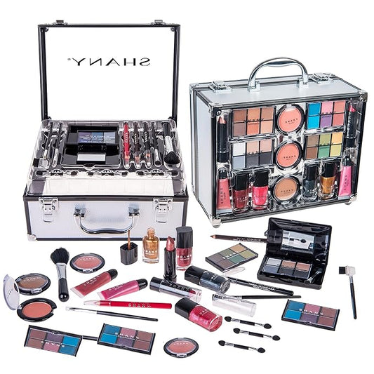 SHANY Carry All Trunk Makeup Train Case with Re-usable Aluminum Makeup Storage Case. Non Toxic Color Make up Set with Eye palettes, Blushes,Makeup Powders, Manicure, Pedicure and Makeup Brushes.-VivaGrace Women