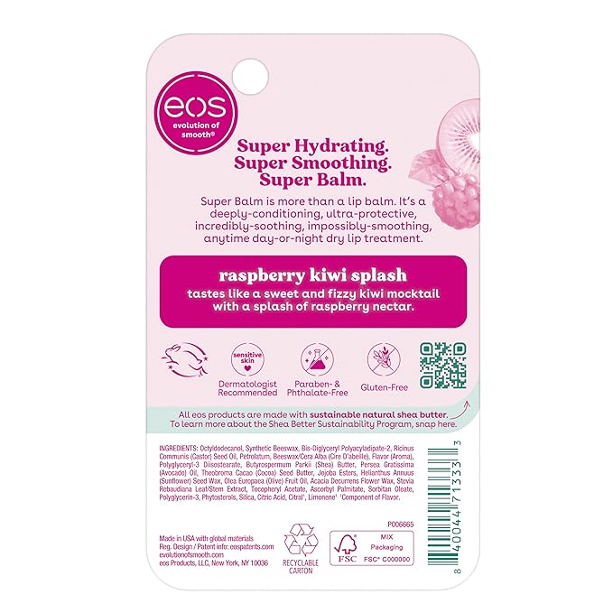 eos 24H Moisture Super Balm- Raspberry Kiwi Splash, Lip Mask, Day or Night Lip Treatment, Made for Sensitive Skin, 0.35 fl oz-VivaGrace Women