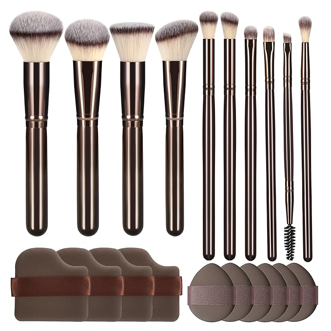 10 Piece Black brown Makeup Brushes and 10 Piece Makeup Sponge – Wooden Handle,with Soft Synthetic Bristles,|Professional Makeup Brushes set for Women & Girls|-VivaGrace Women