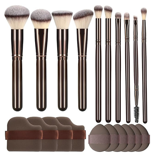 10 Piece Black brown Makeup Brushes and 10 Piece Makeup Sponge – Wooden Handle,with Soft Synthetic Bristles,|Professional Makeup Brushes set for Women & Girls|-VivaGrace Women
