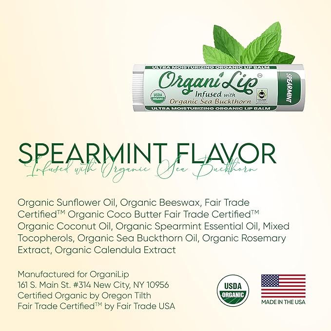 Organic Lip Balm, Spearmint Flavor, Ultra Hydrating Lip Moisturizer for Dry Lips, Oval Shaped Tube, USDA Certified Organic, 3 Pack - OrganiLip-VivaGrace Women