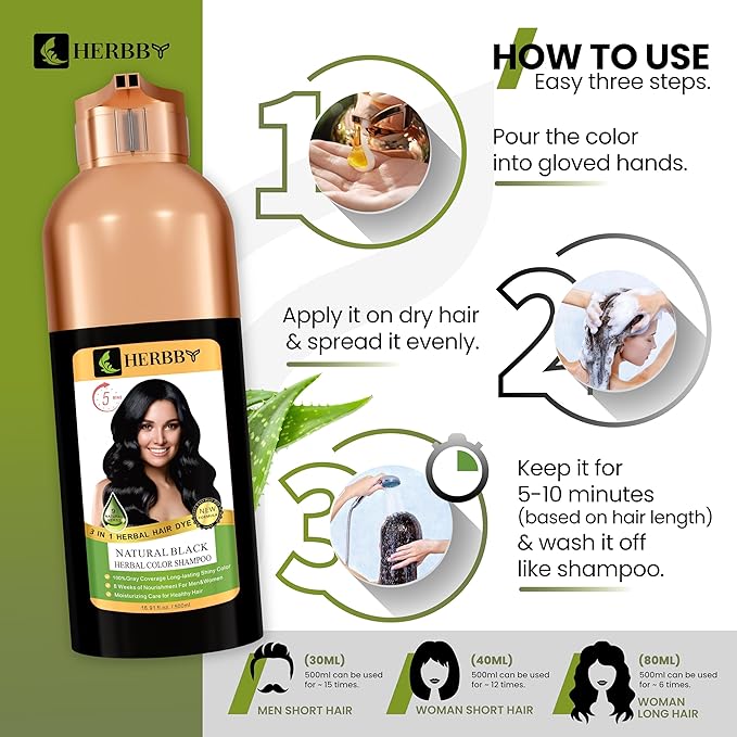 Hair Color Shampoo for Gray Hair Coverage&Color Transform with 9 Herbal Extracts –Long Lasting(6-8 Weeks),Shiny,Evenly Colored,Instant Hair Dye Shampoo&Conditioner,500 Ml (NATURAL BLACK COLOR)-VivaGrace Women