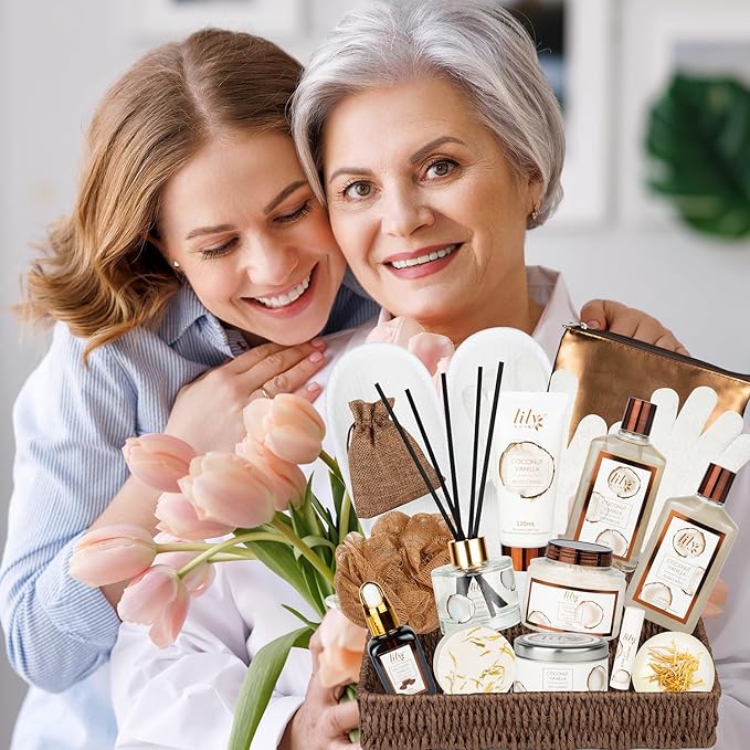 Bath and Body Gift Basket Set for Women - Coconut Vanilla Spa Gift Basket for Women 17-Piece Luxury Bath Gift Set with Shower Gel Self Care Pampering Gifts for Mothers Day, Christmas, Birthday Gifts-VivaGrace Women