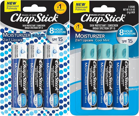 ChapStick Moisturizer 2-in-1 Lipcare 6-Pack (3 Original, 3 Cool Mint) – 8-Hour Lip Balm with Broad Spectrum SPF, Aloe & Vitamin E, 0.15 Ea-VivaGrace Women
