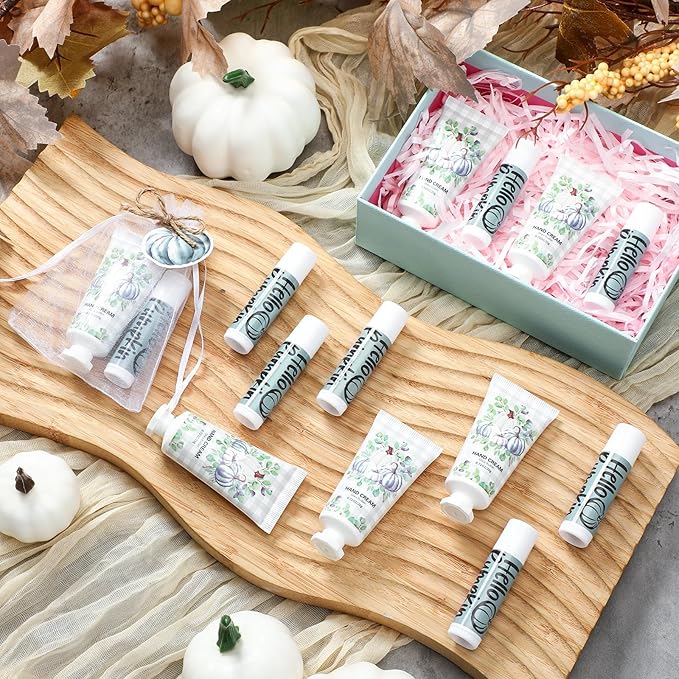 144 Pcs Fall Lip Balm Hand Cream Set Party Favors, Include 36 Blue Pumpkin Lip Balm 36 Moisturizing Hand Cream 36 Bags 36 Cards and Ropes for Autumn Accessories Gifts-VivaGrace Women
