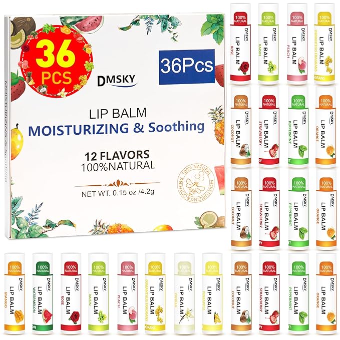 DMSKY 36 Pack Lip Balm, Natural Lip Balm Bulk with Vitamin E and Coconut Oil, Moisturizing Soothing Chapped Lips, Gifts for Women Stocking Stuffers Party Favors-VivaGrace Women