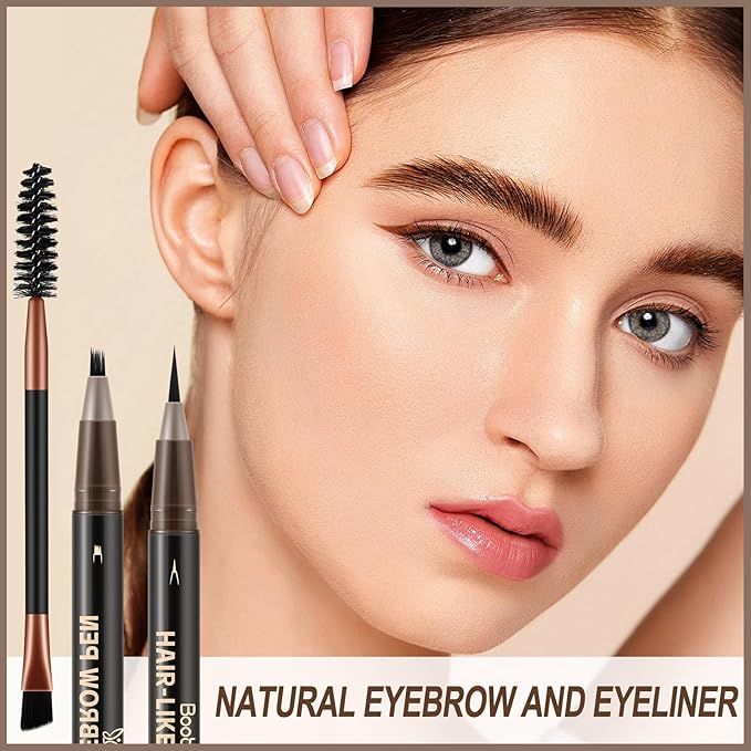 Boobeen 2pcs Waterproof Eyebrow Pen，Dual-Ended Eyeliner Microblading Eyebrow Pencil for Women，Long Lasting Hair-Like Brow Pen with Brow Brush，Dark Brown-VivaGrace Women