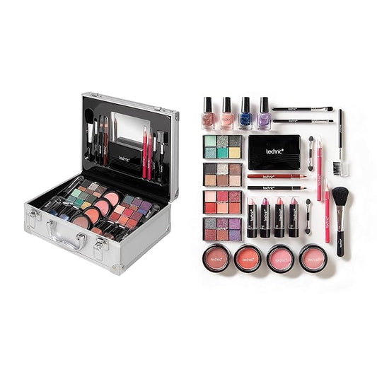28 Pcs Carry All Full Make Up Kit In a Trunk Train Case Including Makeup Brushes, Eye Shadows, Nail Polish, Blushers, Lipsticks and More-VivaGrace Women