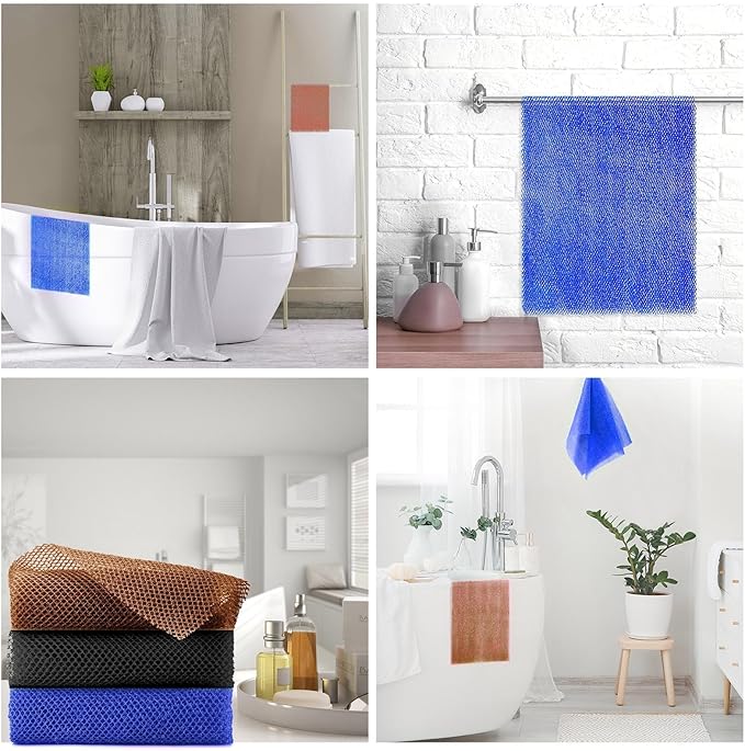 3 Pieces African Bath Sponge African Net Long Net Bath Sponge Exfoliating Shower Body Scrubber Back Scrubber Skin Smoother,Great for Daily Use (Black、Blue、Brown)-VivaGrace Women