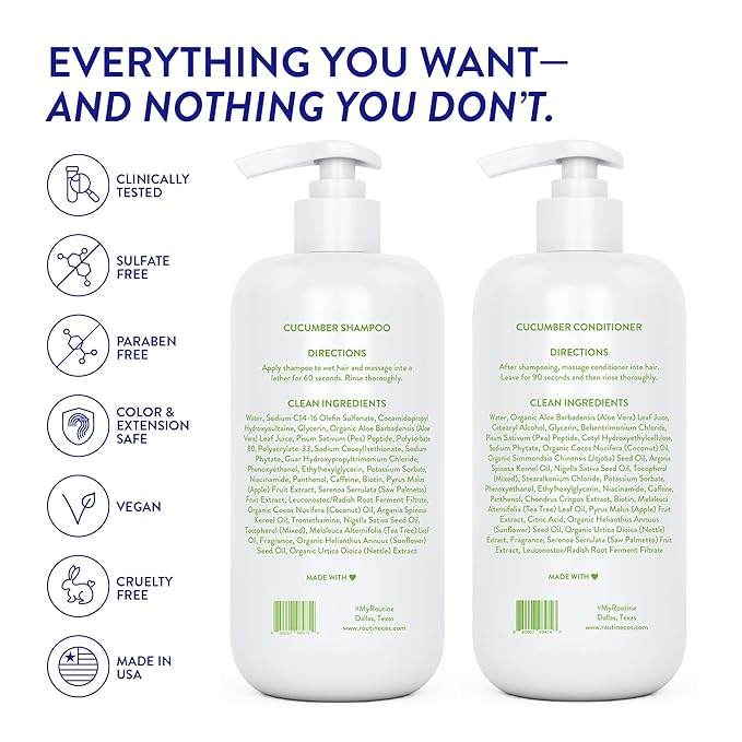 Routine Wellness Anti-Thinning Shampoo and Conditioner Set for Thinning Hair - Biotin DHT Blocker Women & Men - Color Safe Shampoo for Hair Loss & Healthier Hair - Cucumber (Pack of 2)-VivaGrace Women