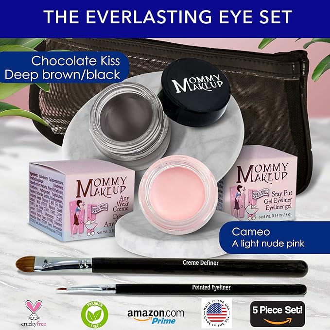The Everlasting Eye 5 Piece Waterproof Makeup Set. Gel Eyeliner, Creme Eyeshadow, 2 brushes and Mesh Bag. Paraben-free, Talc-free, Cruelty-free. Cameo/Chocolate Kiss 2302-VivaGrace Women