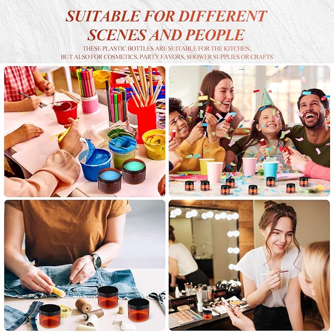 SATINIOR 24 Pieces Empty Clear Plastic Jars with Lids Round Storage Containers Wide Mouth for Beauty Product Cosmetic Cream Lotion Liquid Butter Craft and Food(Amber Lid,2 oz)-VivaGrace Women