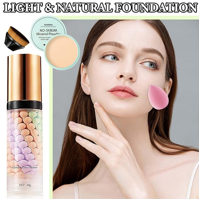 One Step Color Corrector,Natural Isolation Cream,Face Primer Makeup Tricolor Moisturizer,Correcting Primer Concealer Foundation,Setting Powder,Makeup Brushes,Makeup Sponges（4PCS)-VivaGrace Women