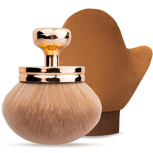 Self Tanning Brushes- Blend & Blur Extra Large Body Makeup Brush & Tanning Mitt, 2 Pcs, Kabuki Body Brush Applicator for Tan, Foundation, Self Tanner Glove for Application, Mousse, Lotion (Rose Gold)-VivaGrace Women