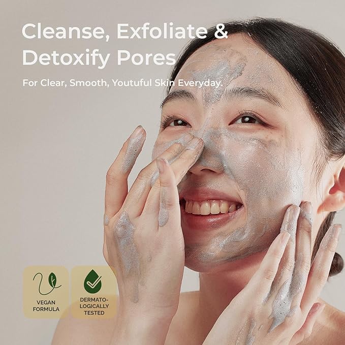 MOTHER MADE Charcoal Clay Enzyme Powder Vegan Facial Cleanser with Salicylic Acid, Vitamin C, Hyaluronic Acid, 2.47 oz, Super Gentle Exfoliating Face Scrub, Pore Cleansing Exfoliant, Natural