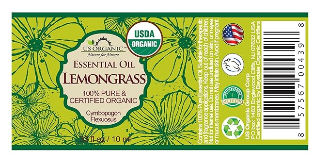 US Organic 100% Pure Lemongrass Essential Oil, USDA Certified Organic, Extracted by Steam Distillation Method, for Hair, Nail Polish Remover, Bees Attraction, and More. 10 ml-VivaGrace Women