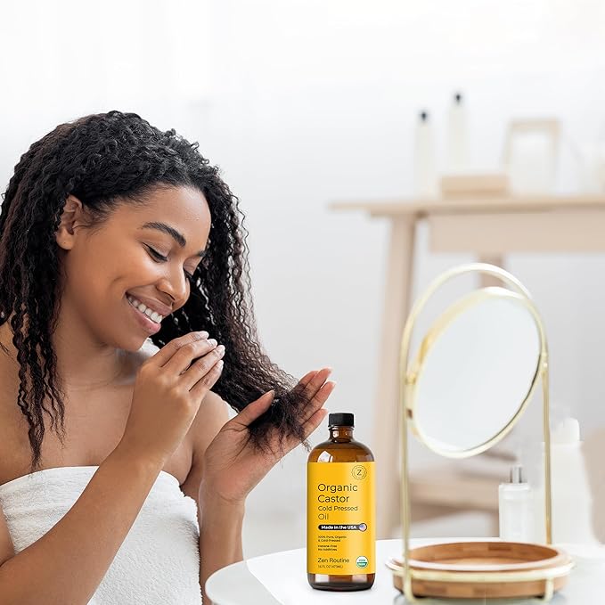 Zen Routine New (Glass Bottle) Organic Castor Oil 16oz – Hexane Free – Hair Growth Oil, Eye Lashes & Stomach, 100% Cold Pressed Unrefined Pure for Castor Pack Wrap – USDA Certified, Made in the USA-VivaGrace Women