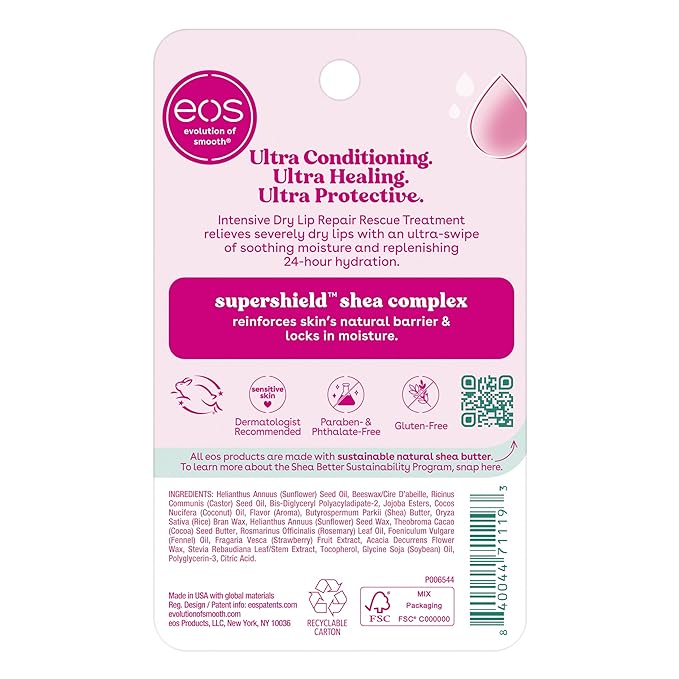 eos The Hero Lip Repair, 24HR Moisture for Severely Dry Lips, Natural Strawberry Extract, Hypoallergenic, 0.14 oz, 2-Pack-VivaGrace Women