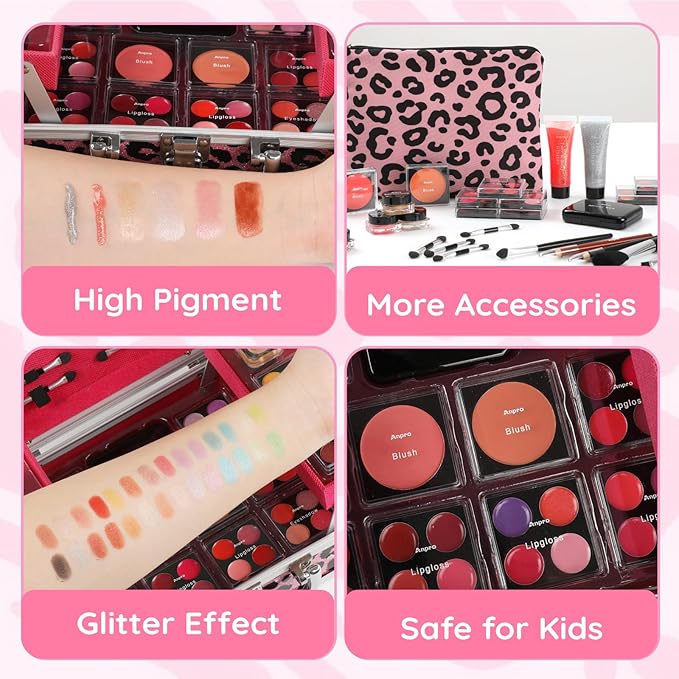 Anpro All-In-One Leopord Double Folding Makeup Carry Case with Pro Teen Makeup Set, Full Starter Kit with Makeup Brushes, Lipsticks, Eyeshadow Palette, Blushes, Glitter Gel, Ideal Present for Girls-VivaGrace Women