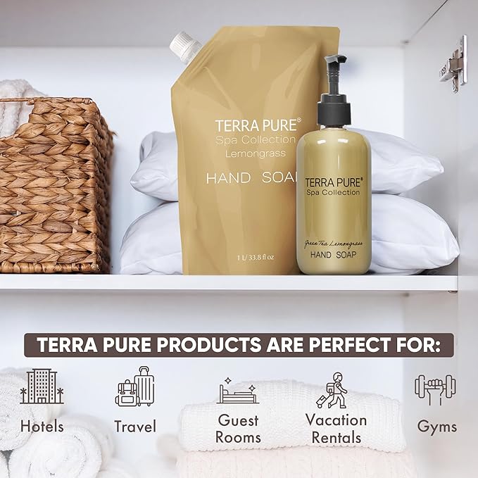Terra Pure Spa Collection 1 Liter Hand Wash Refill Bag For Soap Dispensers | Bulk Toiletries for Vacation Rentals, and Home Bathroom Showers | Green Tea Lemongrass | Single-VivaGrace Women