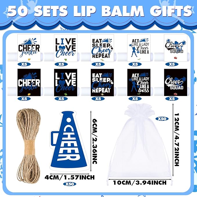 50 Sets Cheer Gifts Bulk 50 Cheer Lip Balm Bulk Moisturizing with 50 Organza Drawstring Gift Bags 50 Tags Cheerleader Gifts Cheer Gifts Bulk for Team (Blue)-VivaGrace Women