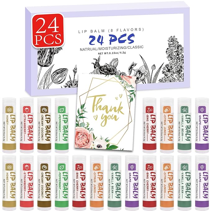 24 Pack Lip Balm, Natural Lip Balm Bulk with Vitamin E and Coconut Oil, Moisturizing Soothing Chapped Lips-8 Flavors-VivaGrace Women