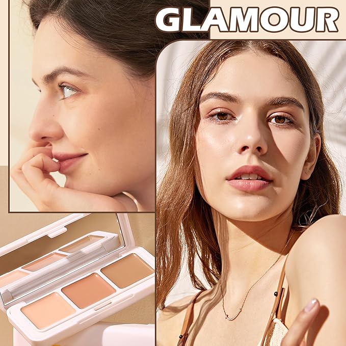 3 Colors Correcting Concealer Palette,Full Coverage Cream Contour Palette,Professional Contouring Foundation Long Wear Highlighting Concealer Contour Cream Makeup Palette with Brush-VivaGrace Women