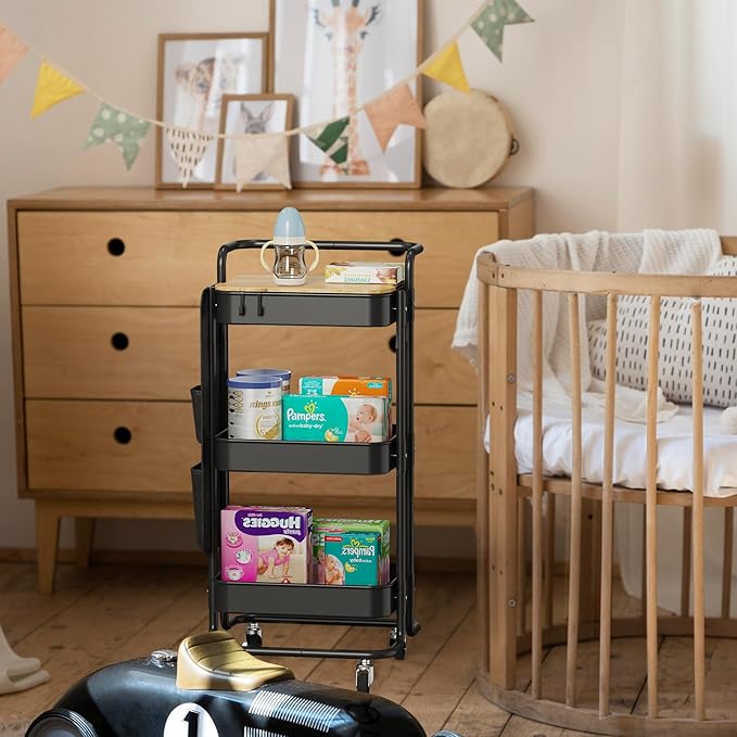 DTK 3 Tier Metal Utility Rolling Cart with Table Top and Side Bags, Tray Storage Organizer Wheels, Art Craft 4 Hooks for Kitchen Bathroom Office Living Room (Black)-VivaGrace Women