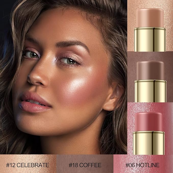 3 Pcs MEDIUM-DEEP Contour Stick Set,Cream Blush & Highlighter Bronzer Pen,Long Lasting & Smooth Natural Face Contouring Illuminator,Professional Makeup Kit for All Skin-VivaGrace Women