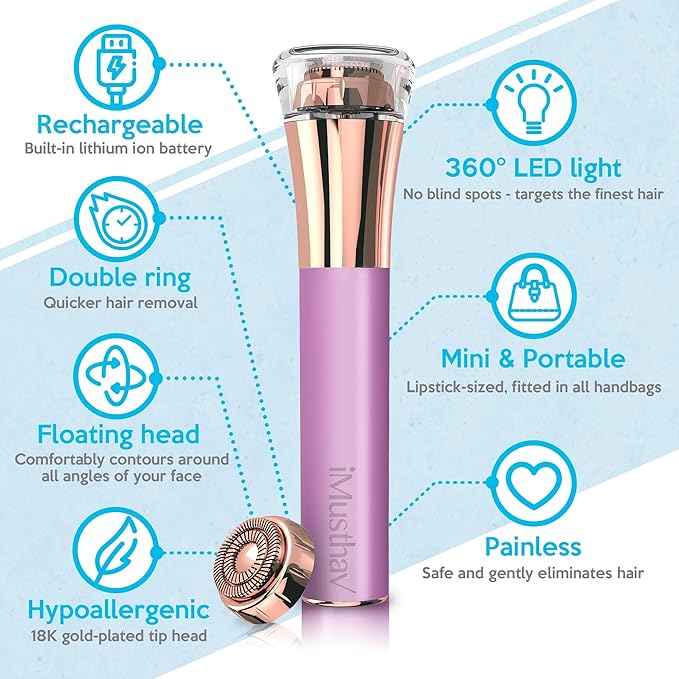 Facial Hair Remover for Women Painless Flawless Electric Razor Epilator Trimmer Shaver with 18K Gold-Plated, 16mm Dual Ring Floating Head, USB Rechargeable, 360° LED for Face Lip Hair Removal-VivaGrace Women