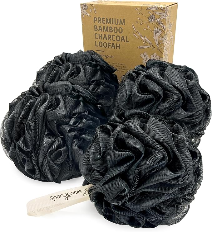 Spongentle Charcoal Bamboo Premium Deep Cleansing Loofah Sponge for Radiant Skin, Pack of 4, Bath and Shower, Exfoliating Body Scrubber, Beautiful Colors for Women and Men-VivaGrace Women