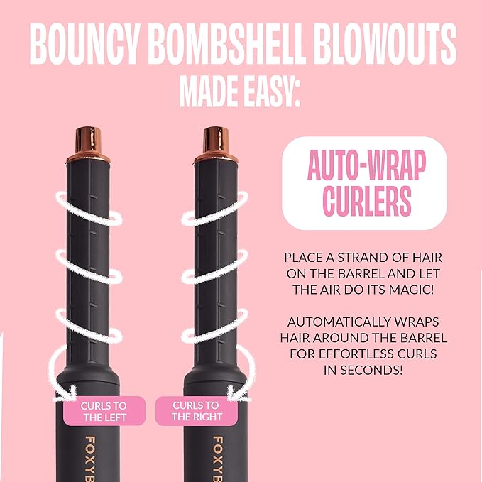 FoxyBae Super Styler Pro Interchangeable 5 in 1 Hair Styler Wand Curling Iron Set - w/Drying Cylinder, Ceramic Blowout & Round Brushes, 2 Auto-Wrap Curlers - Frizz-Free, Smooth Hair [Black Rose-Gold]-VivaGrace Women